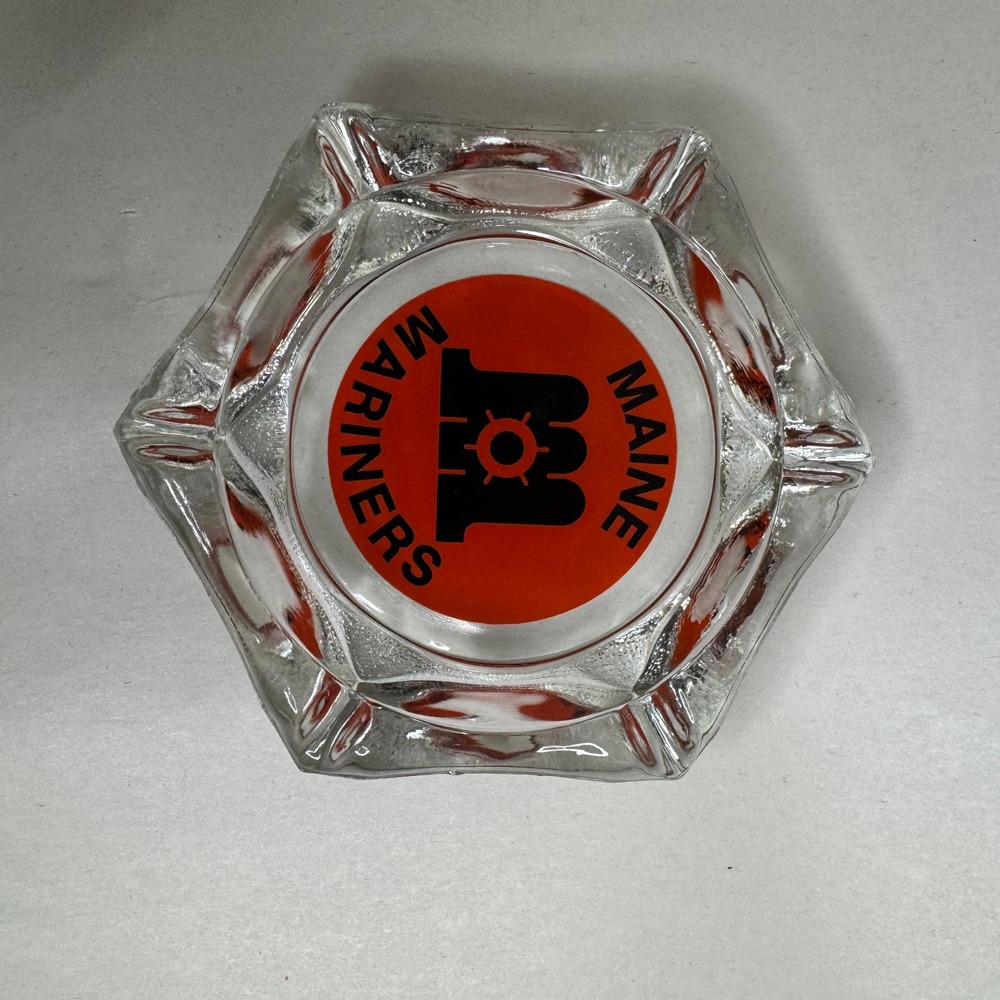 Vintage Maine Mariners AHL Hockey Clear Glass Hexagon Ashtray Orange Logo